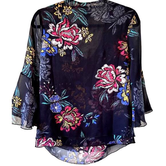 CAbi Olivia V Neck Flared 3/4 Bell Sleeves Blue Floral Cropped Chiffon Blouse XS - Picture 3 of 5